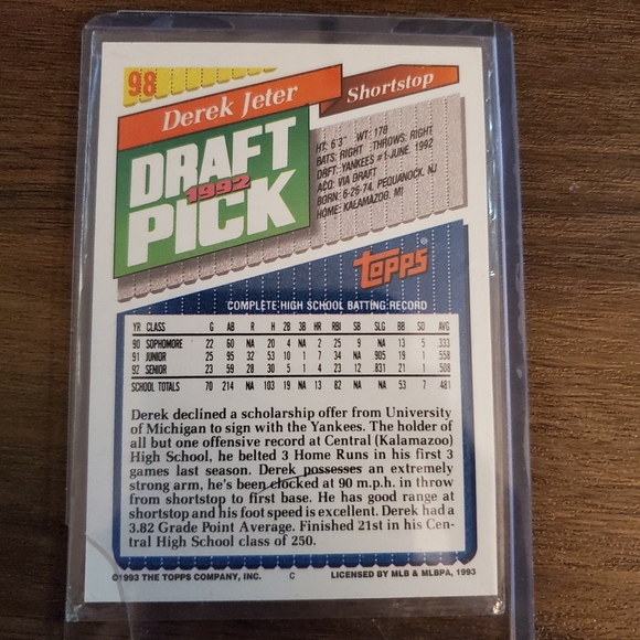 Topps 1992 Derek Jeter Rookie Card - Picture 7 of 7